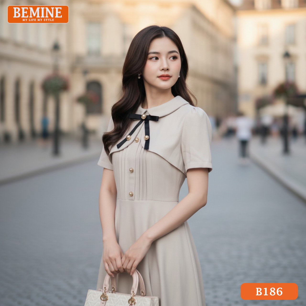 Đầm thiết kế BEMINE cổ sơ mi B181 trắng tinh khôi thanh lịch dự tiệc