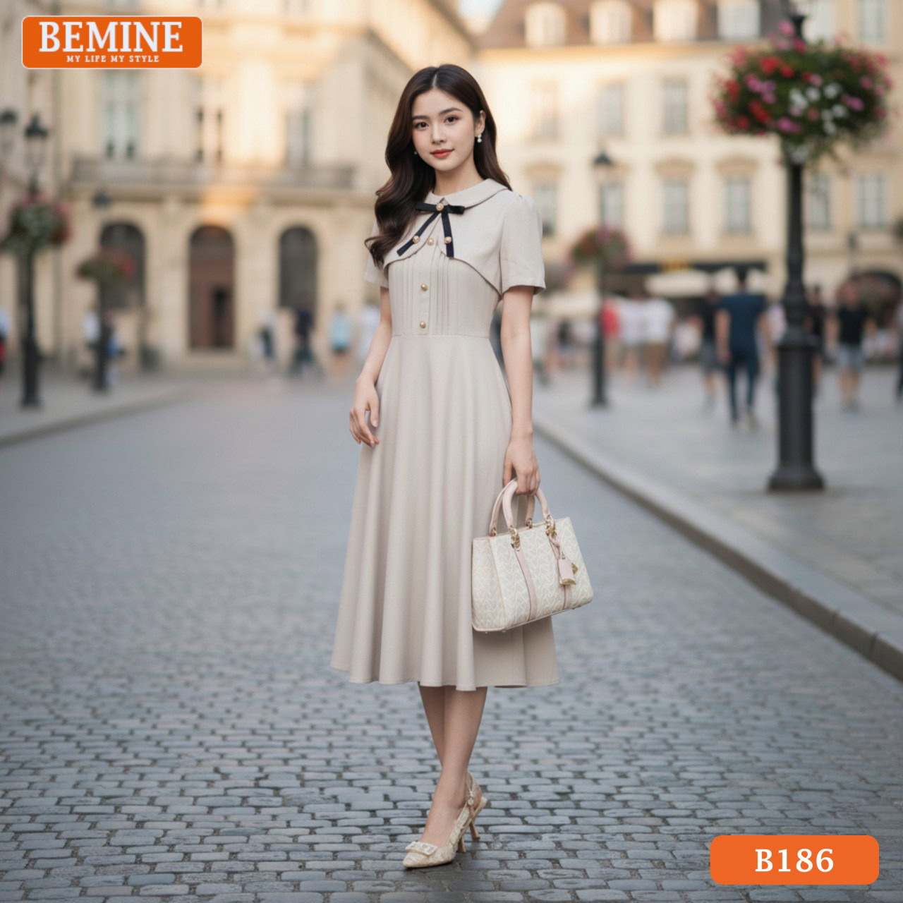 Đầm BEMINE B181 cổ sơ mi tay dài hồng nude dịu dàng quyến rũ