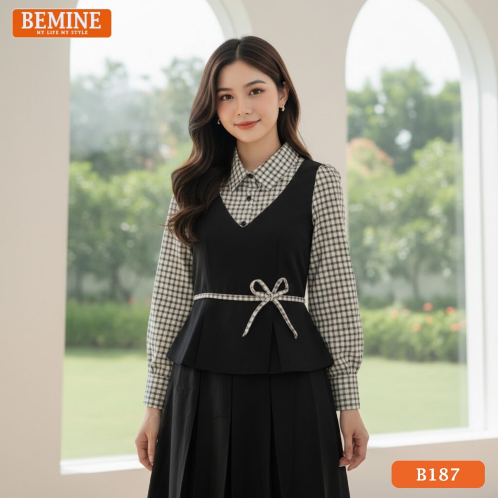 Chia Sẻ Top 5+ Mẫu Đầm Body Công Sở Đẹp, Chuyên Nghiệp Mẫu đầm công sở BEMINE B187 dáng chữ A, nổi bật với cổ sơ mi và họa tiết kẻ caro màu ghi/xám.