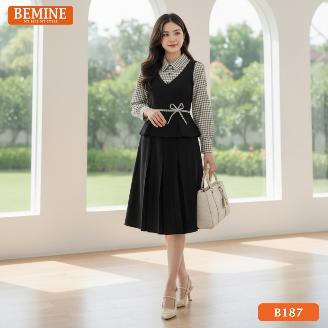 Đầm thiết kế BEMINE Dáng Chữ A Công Sở Sơ Mi Caro B187 Đầm thiết kế BEMINE cổ sơ mi phối caro giả yếm dáng chữ A phù hợp đi làm-B187