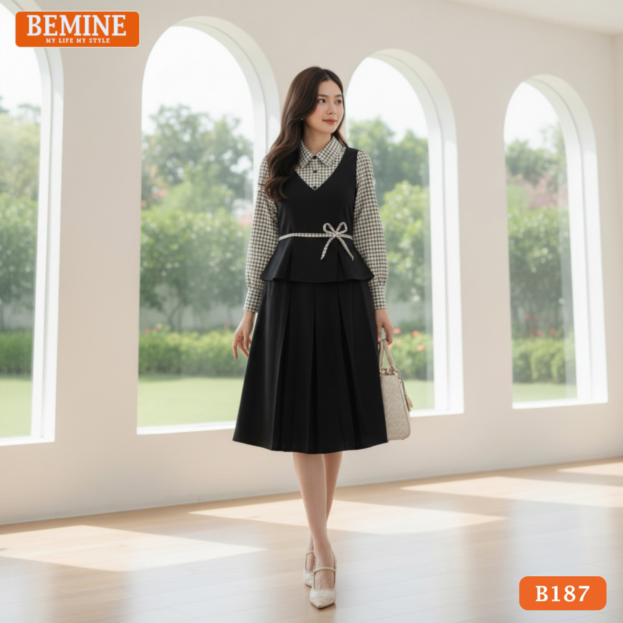 Đầm thiết kế BEMINE Dáng Chữ A Công Sở Sơ Mi Caro B187 Đầm thiết kế BEMINE B187 dáng chữ A, cổ sơ mi, họa tiết caro, phù hợp cho trang phục công sở.