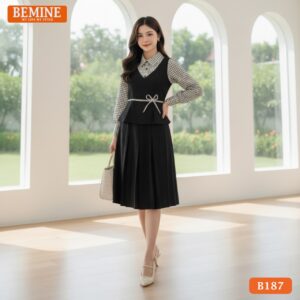 Ảnh cận cảnh chi tiết cổ sơ mi và các đường kẻ caro trên chất liệu vải của đầm BEMINE B187.