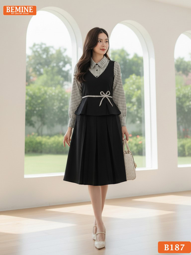 Người mẫu mặc đầm thiết kế BEMINE B187 dáng chữ A, cổ sơ mi caro, phong cách trẻ trung chuyên nghiệp.