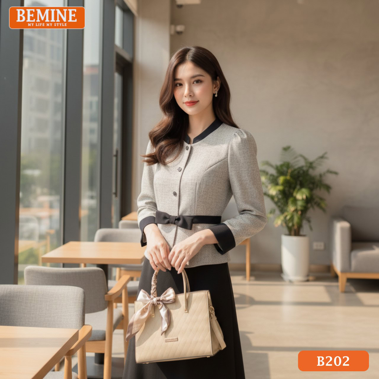 Đầm thiết kế BEMINE Peplum Công Sở Dáng Chữ A Cổ Trụ B202 Tay Dài Người mẫu mặc đầm thiết kế BEMINE Peplum Công Sở B202 dáng chữ A, phong cách kín đáo thanh lịch