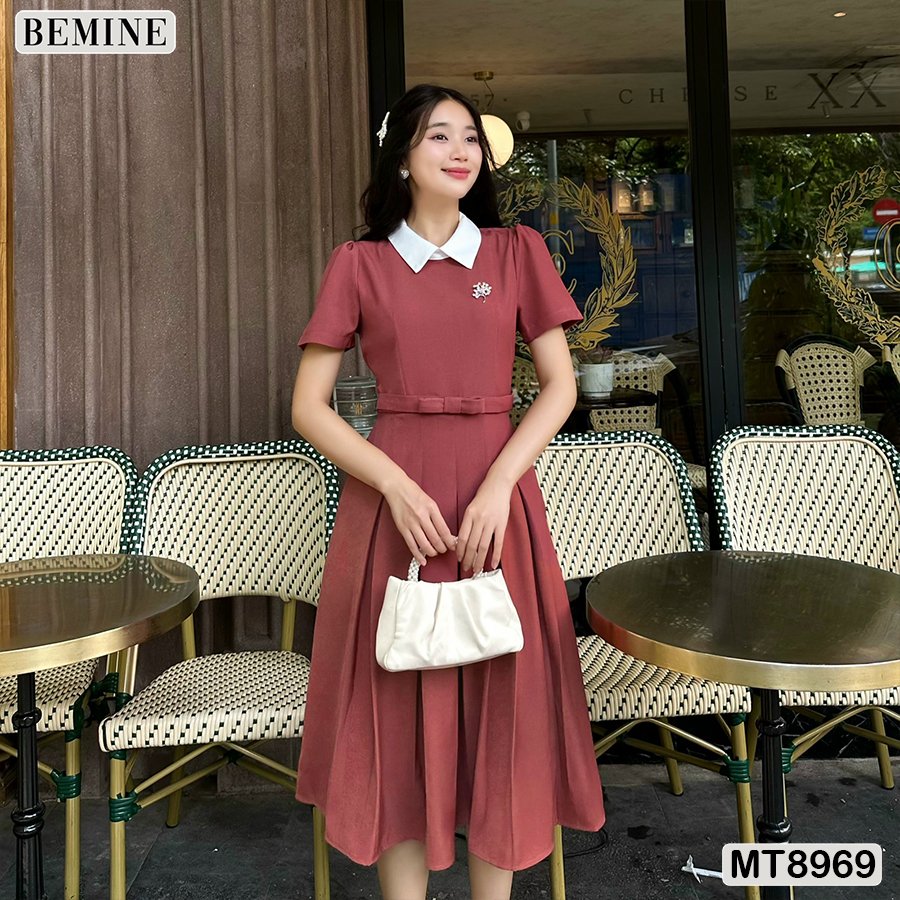Đầm cổ sen cách điệu MT8969 BEMINE be kem dịu dàng nữ tính