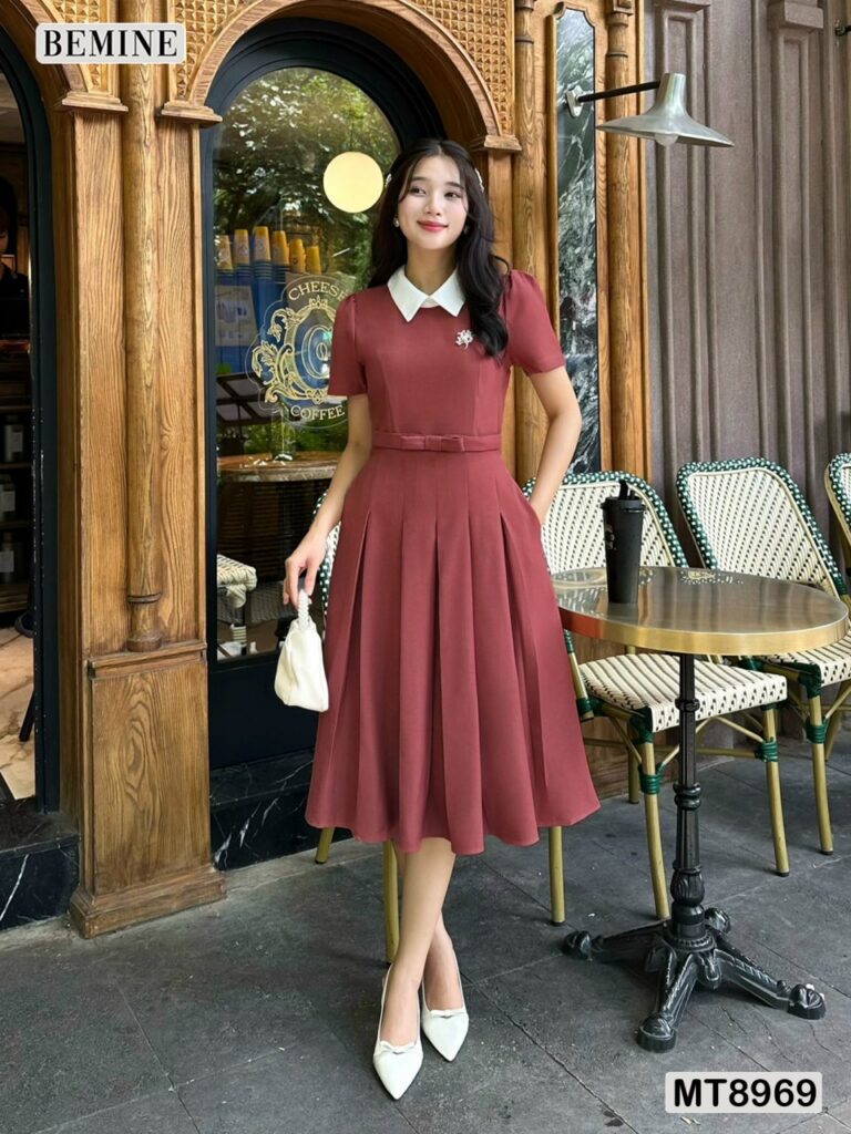 Đầm công sở cổ sen MT8969 BEMINE chất lụa Hàn cao cấp
