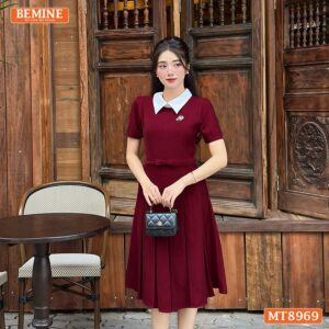 Đầm midi cổ sen MT8969 BEMINE xanh navy tôn dáng cao ráo
