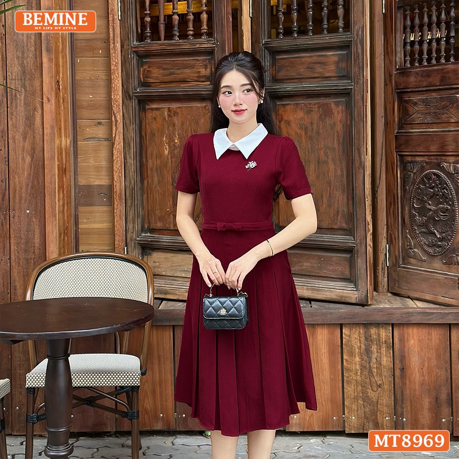 Đầm midi cổ sen MT8969 BEMINE xanh navy tôn dáng cao ráo