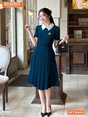 Đầm thiết kế cổ sen eo đính nơ tùng xếp ly MT8969 màu XANH, chất liệu Cotton Hàn cao cấp