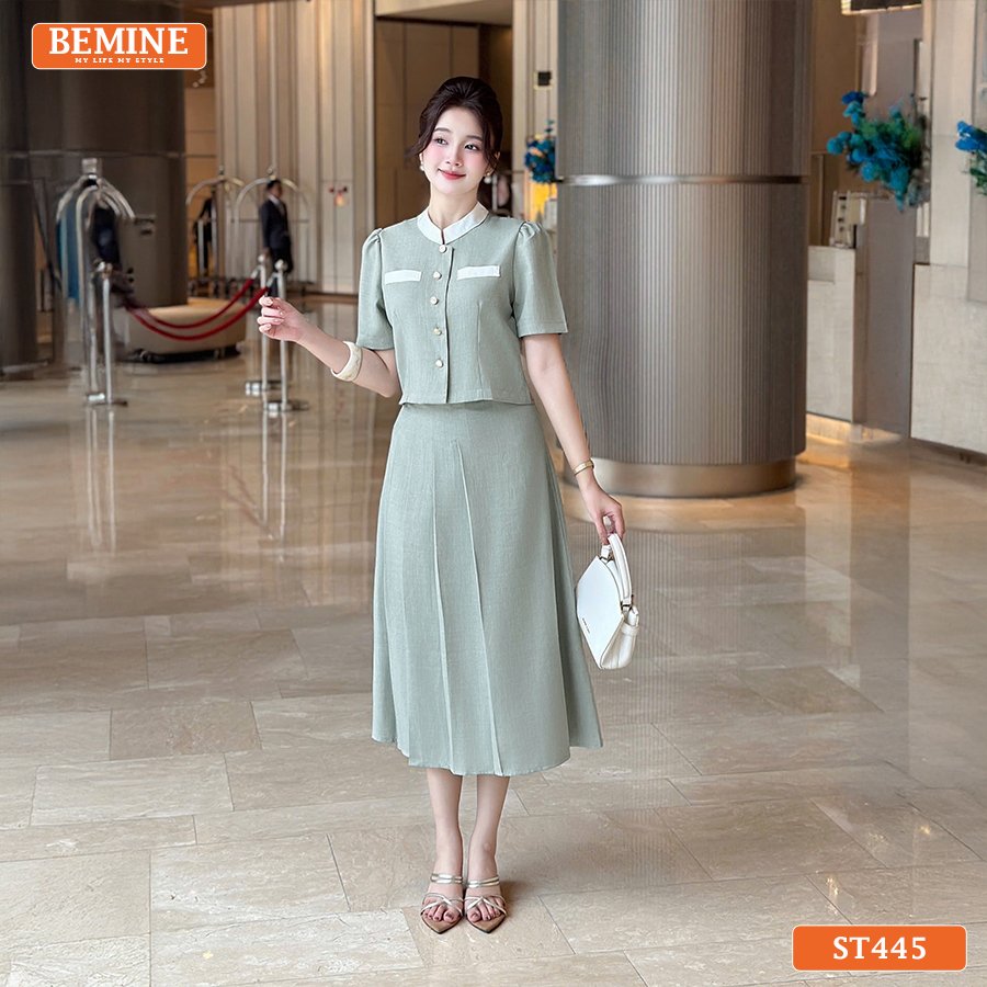 10+ Cách Phối Đồ Đẹp, Tinh Tế Với Chân Váy Chữ A Xếp Ly Set thiết kế BEMINE áo cổ trụ phối chân váy dáng dài phù hợp đi làm-ST445