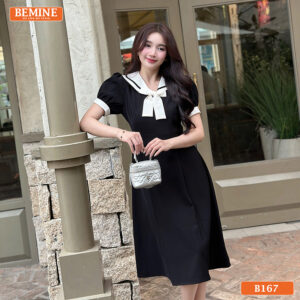Mẫu đầm công sở BEMINE B167 màu đen, thiết kế cổ thủy thủ mang phong cách trẻ trung, hiện đại.