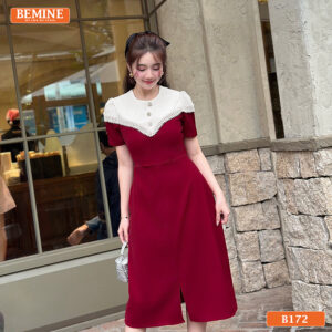 Người mẫu diện đầm BEMINE B172 viền ren đi làm chuyên nghiệp.