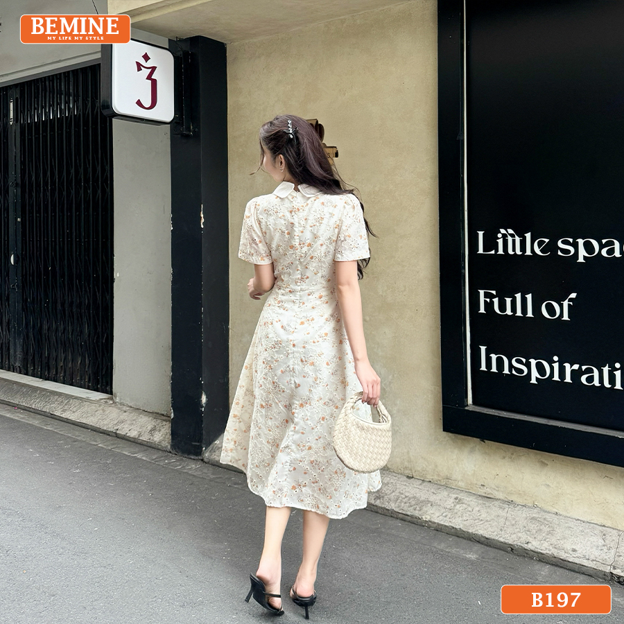 Mẫu đầm công sở BEMINE B197 dáng chữ A thêu hoa tinh tế.