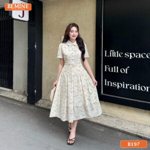 Đầm thiết kế BEMINE B197 cổ sen đính cúc thanh lịch.