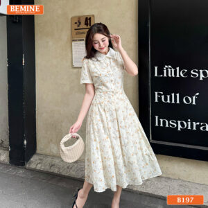 Người mẫu diện đầm BEMINE B197 thêu hoa đi làm và đi chơi.