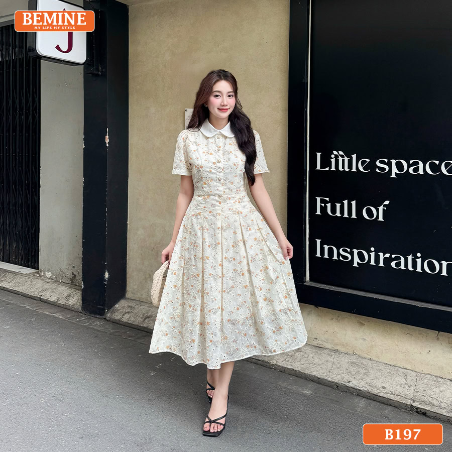 Đầm thiết kế BEMINE B197 dáng chữ A công sở phối cổ sen thanh lịch và thêu hoa tinh tế.