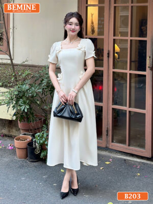 Đầm thiết kế BEMINE cổ vuông đính hoa B203 dáng chữ A phù hợp đi chơi hình ảnh