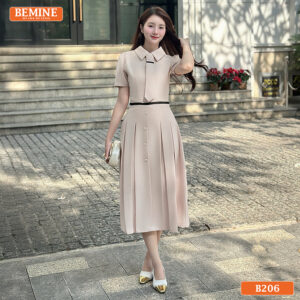 Mẫu đầm công sở BEMINE B206 thiết kế cổ đức kèm cà vạt tạo diện mạo chuyên nghiệp.