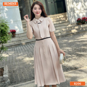 Đầm thiết kế BEMINE B206 dáng chữ A công sở phối cổ đức và cà vạt thanh lịch.