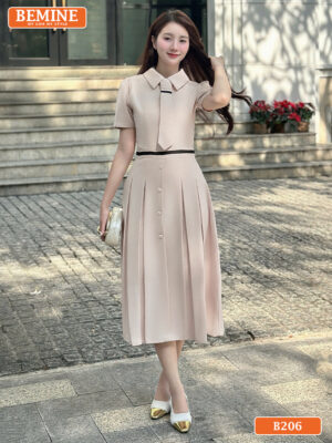 Đầm chữ A BEMINE B206 cổ đức phối cà vạt, sự lựa chọn hoàn hảo cho các buổi họp.