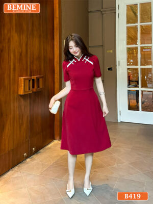 Đầm Thiết Kế BEMINE Dáng Chữ A Cổ Tàu Đính Nơ B419 hình ảnh