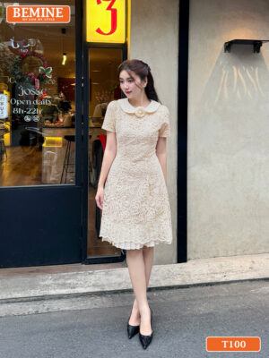 Đầm thiết kế BEMINE Dáng Chữ A Cổ Sen Ren Hoa Nổi T100 Phù Hợp Đi Tiệc hình ảnh