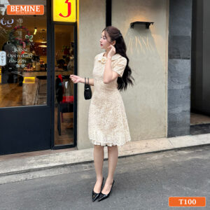 Mẫu đầm dự tiệc BEMINE T100 thiết kế cổ sen phối ren hoa tinh tế, tạo vẻ đẹp quý phái.