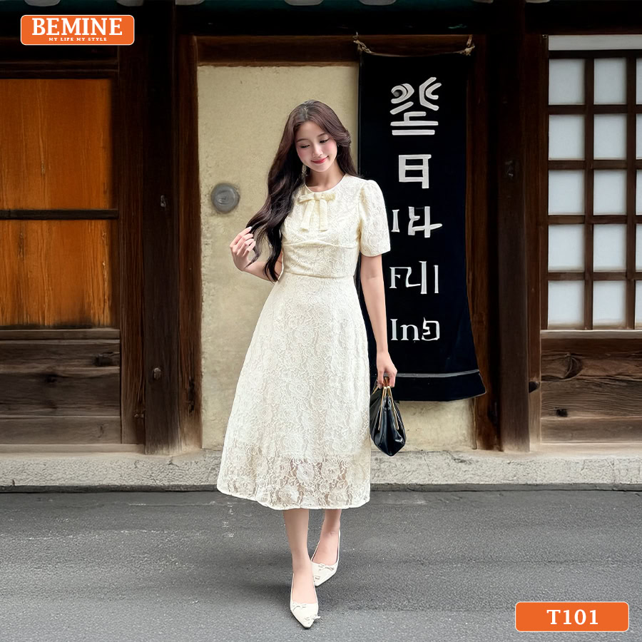Đầm thiết kế BEMINE T101 cao cấp dáng chữ A phối họa tiết ren hoa sang trọng.