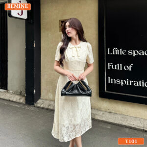 Mẫu đầm dự tiệc BEMINE T101 thiết kế cổ tròn đính nơ tinh tế và nữ tính.