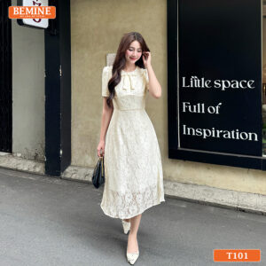 Chi tiết đường may tỉ mỉ và họa tiết ren hoa sắc sảo trên mẫu đầm BEMINE mã T101.