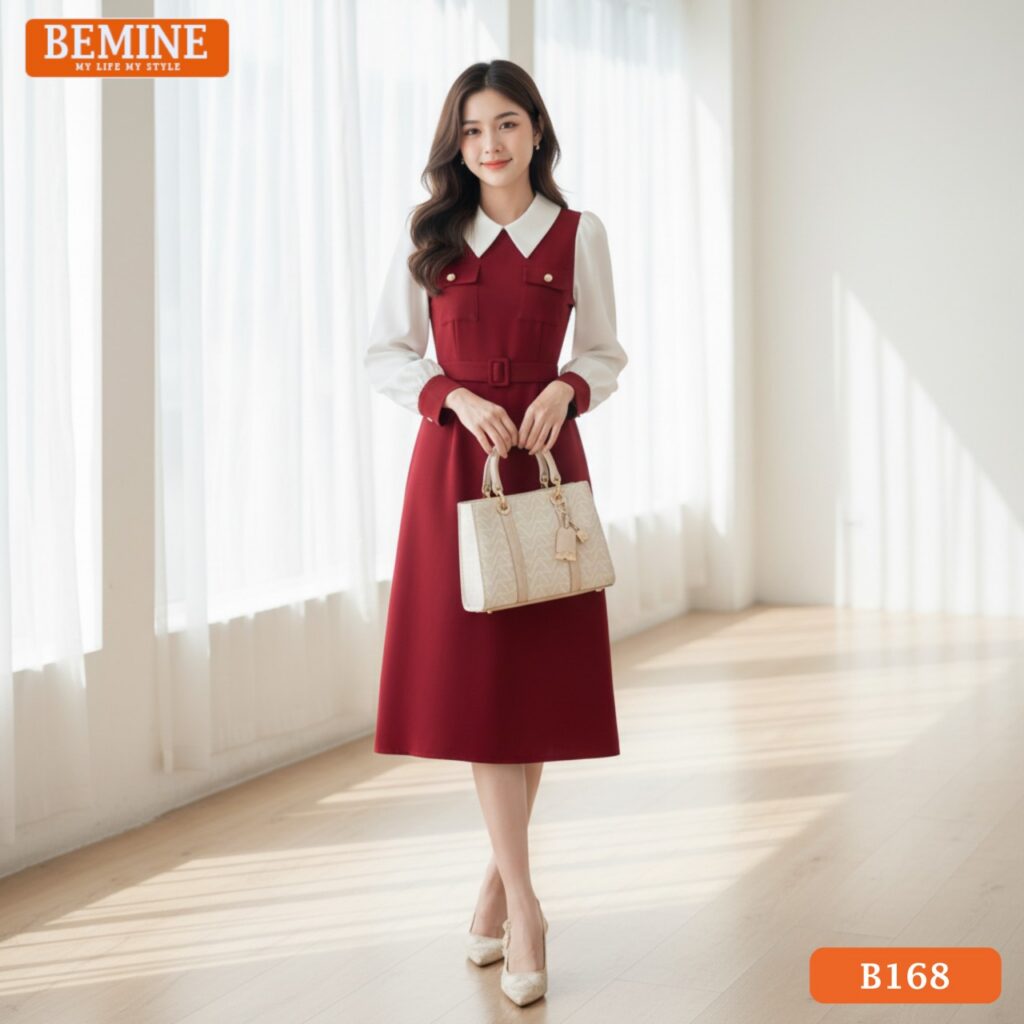 Đầm thiết kế BEMINE B168 dáng chữ A, cổ đức, có túi tiện lợi và tay dài, lý tưởng cho môi trường công sở