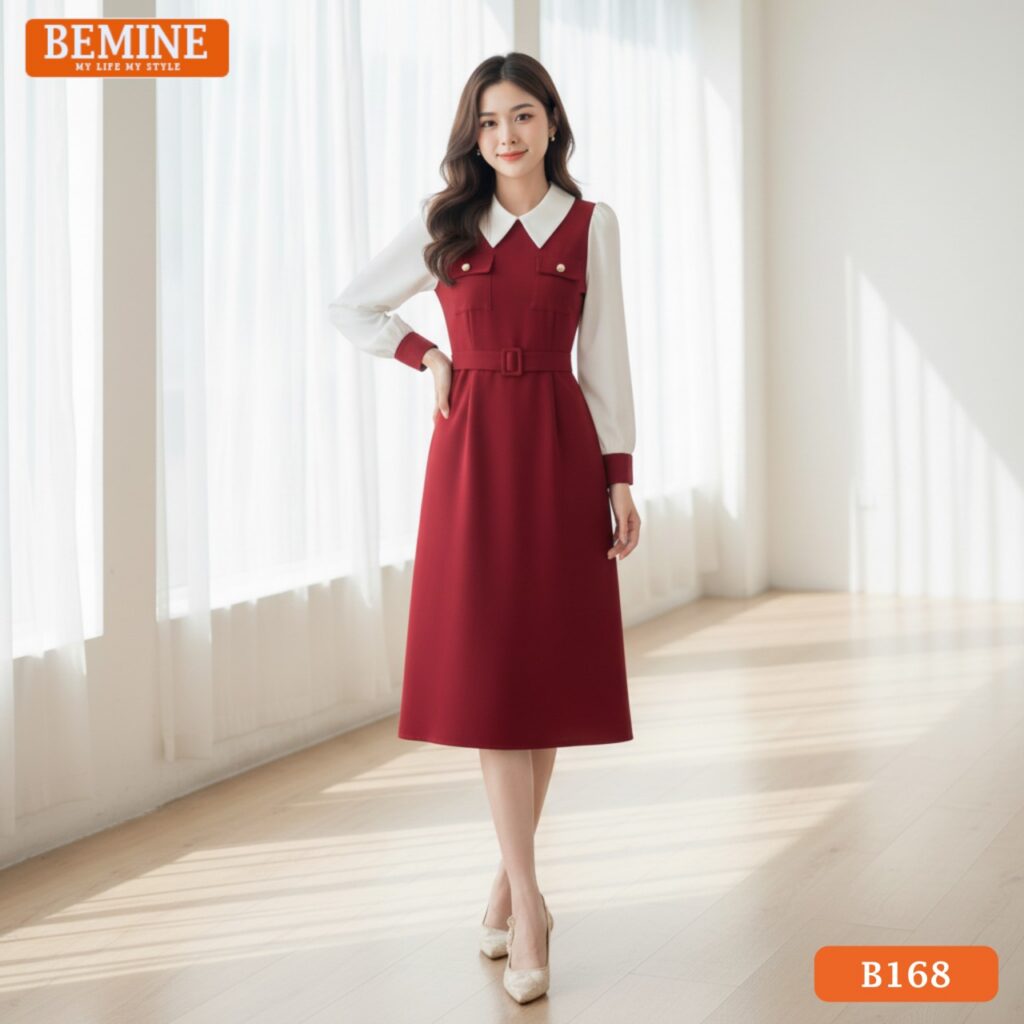 Ảnh cận cảnh chi tiết cổ đức và thiết kế túi hông tiện dụng trên đầm BEMINE B168