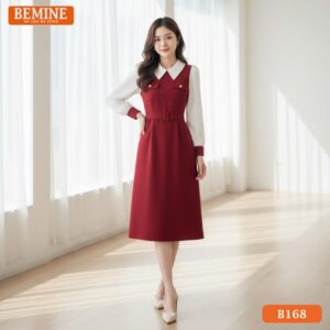 Ảnh cận cảnh chi tiết cổ đức và thiết kế túi hông tiện dụng trên đầm BEMINE B168