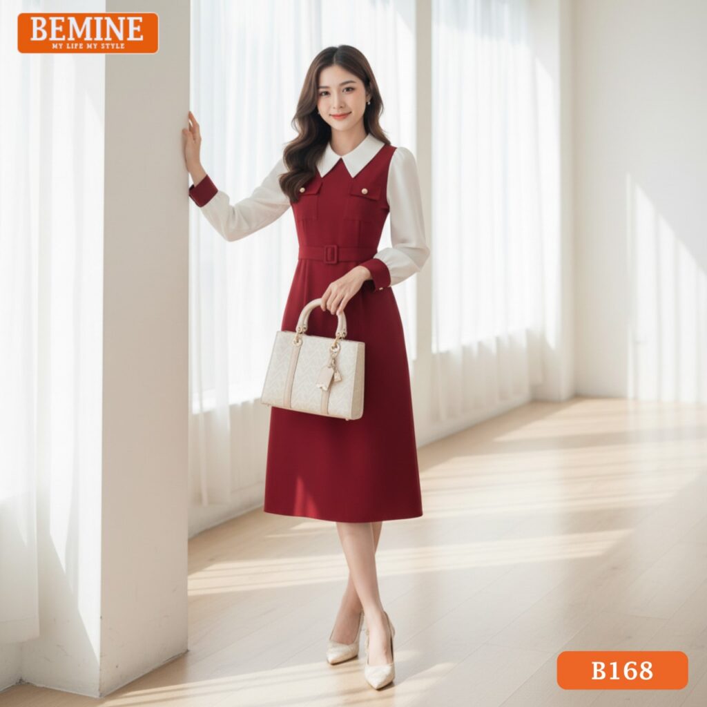 Người mẫu mặc đầm thiết kế BEMINE cổ đức tay dài B168 dáng chữ A, phong cách chuyên nghiệp