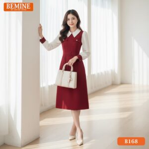 Người mẫu mặc đầm thiết kế BEMINE cổ đức tay dài B168 dáng chữ A, phong cách chuyên nghiệp