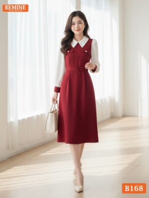 Mẫu đầm công sở BEMINE B168 tay dài, cổ đức, dáng chữ A màu ghi xám, phù hợp đi làm.