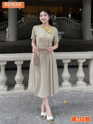 Đầm thiết kế BEMINE cổ trụ phối viền nơ đính cúc dáng chữ A phù hợp đi làm-B171 hình ảnh