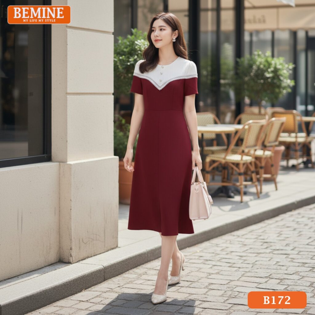 Đầm thiết kế BEMINE cổ tròn phối viền ren cách điệu dáng chữ A phù hợp đi làm-B172 Ảnh cận cảnh chi tiết viền ren thêu trên cổ và tay áo của đầm BEMINE B172.