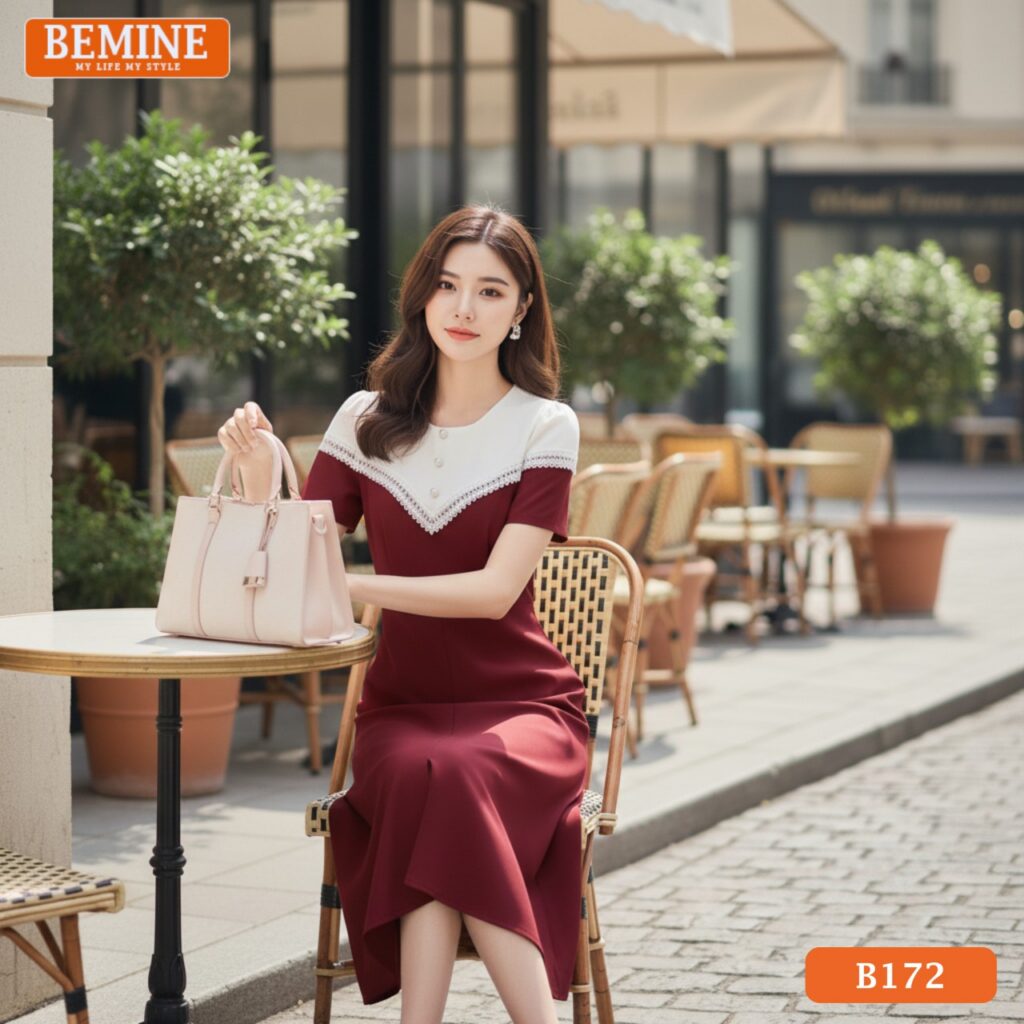 Mẫu đầm B172 của BEMINE với chi tiết cổ tròn và viền ren tinh tế ở gấu váy.