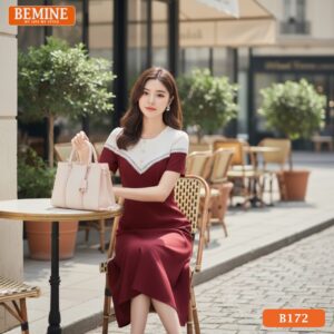 Mẫu đầm B172 của BEMINE với chi tiết cổ tròn và viền ren tinh tế ở gấu váy.
