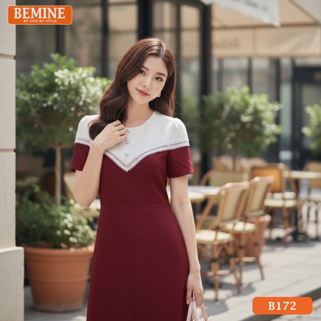 Đầm Thiết Kế BEMINE cổ tròn phối viền ren mã B172 màu pastel nhẹ nhàng.