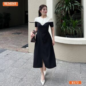 Ảnh chụp studio Đầm Thiết Kế BEMINE Cổ Tròn Phối Viền Ren B172, tập trung vào chất liệu.