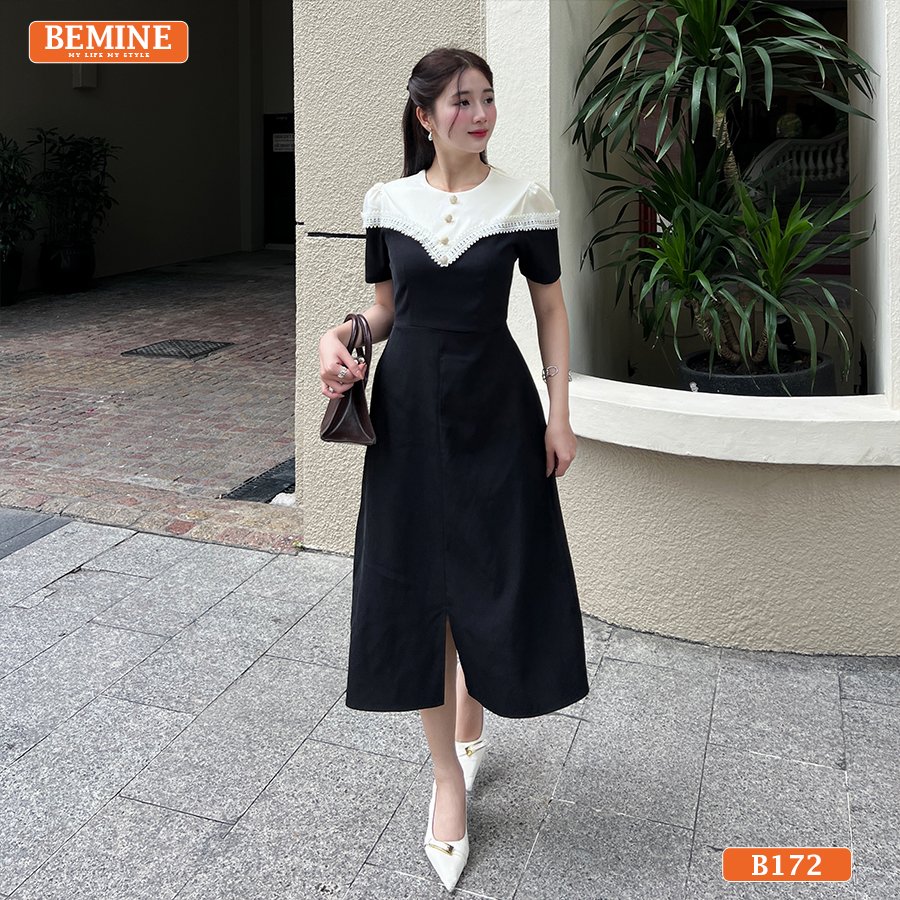 Ảnh chụp studio Đầm Thiết Kế BEMINE Cổ Tròn Phối Viền Ren B172, tập trung vào chất liệu.