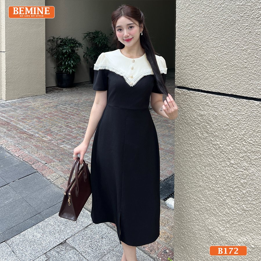 Đầm thiết kế BEMINE cổ tròn phối viền ren cách điệu dáng chữ A phù hợp đi làm-B172 Đầm thiết kế BEMINE cổ tròn phối viền ren mã B172 màu hồng pastel nhẹ nhàng.