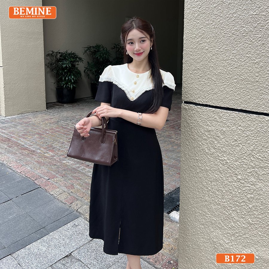 Chi tiết ren mềm mại được phối ở chân váy của chiếc đầm thiết kế BEMINE B172.