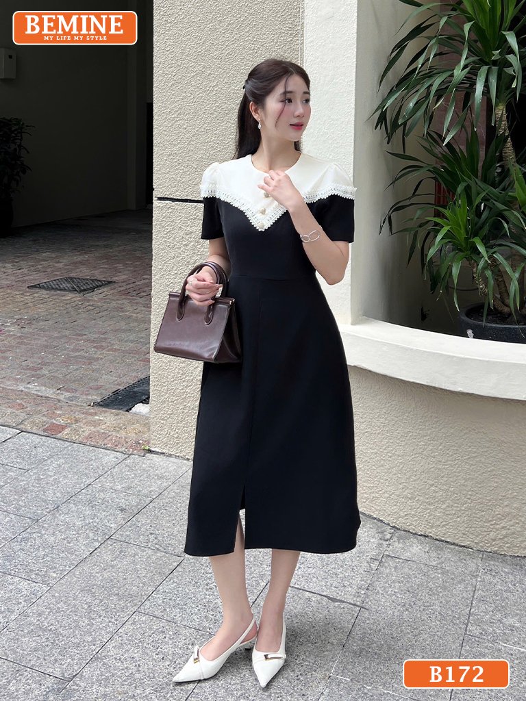 Mẫu đầm B172 của BEMINE với chi tiết cổ tròn và viền ren tinh tế ở gấu váy.