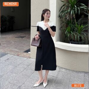 Đầm BEMINE B172, thiết kế cổ tròn đơn giản, điểm xuyết viền ren nữ tính.