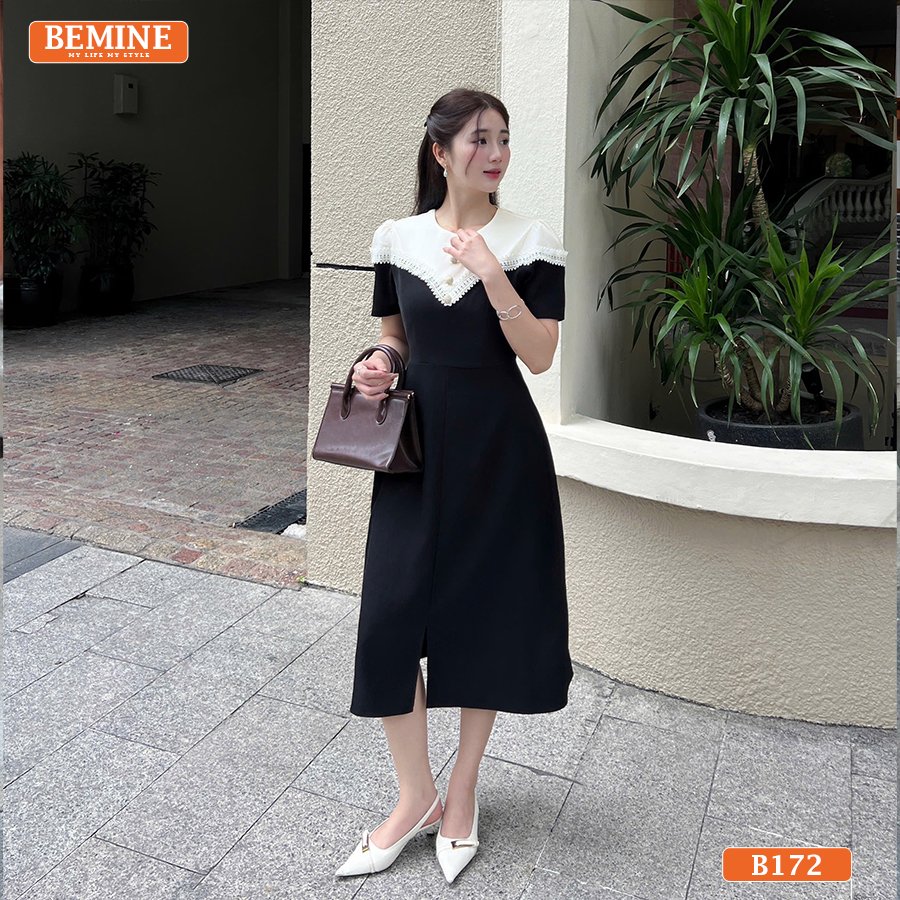 Đầm BEMINE B172, thiết kế cổ tròn đơn giản, điểm xuyết viền ren nữ tính.