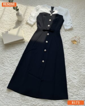 Đầm thiết kế BEMINE cổ chữ V phối tơ tay nhún dáng chữ A phù hợp đi làm, đi tiệc-B173 hình ảnh