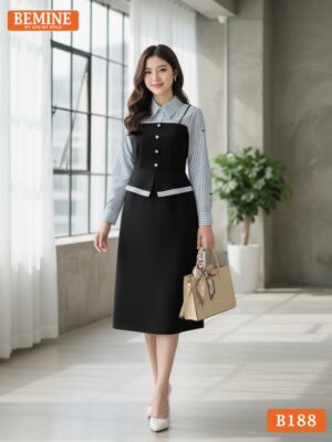 Đầm thiết kế BEMINE cổ sơ mi tay dài dáng peplum tùng váy chữ A phù hợp đi làm-B188 hình ảnh